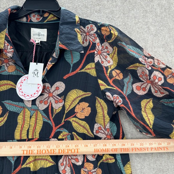 NWT Umgee Tiered Midi Dress LARGE Floral Puff Sleeve Black Multi Color Botanical - Picture 7 of 10